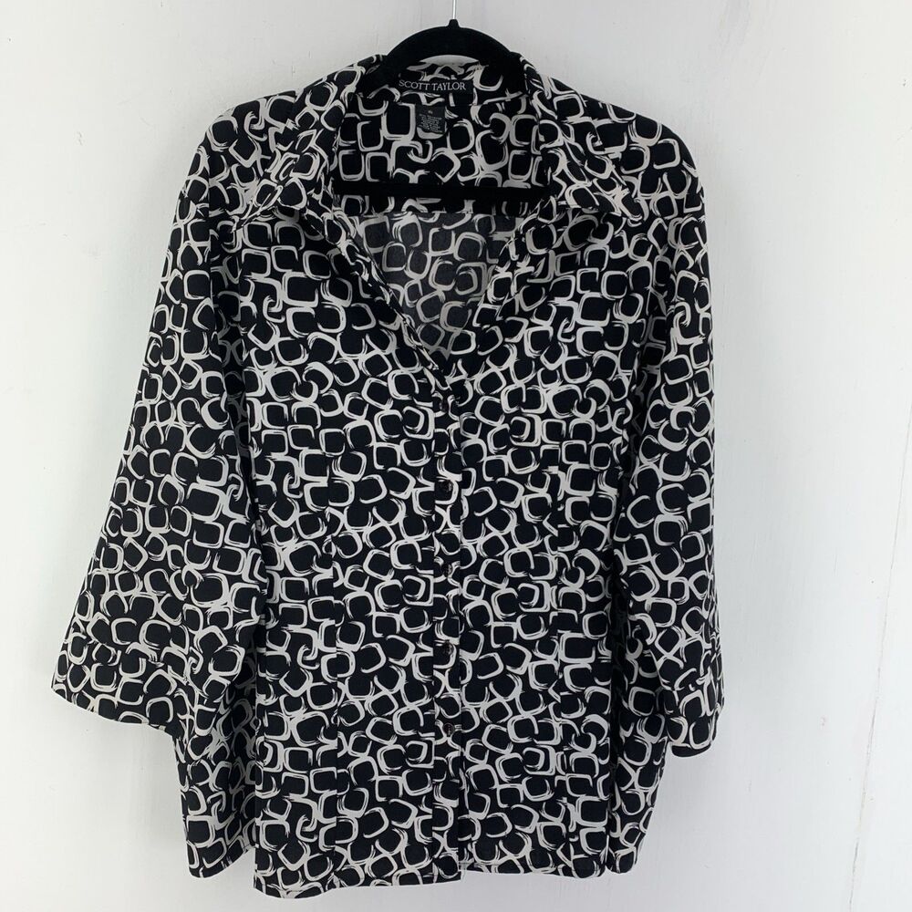 Scott Taylor Womens 3X Button Front Top 3/4 Sleeve Black White‎ Geometric Office